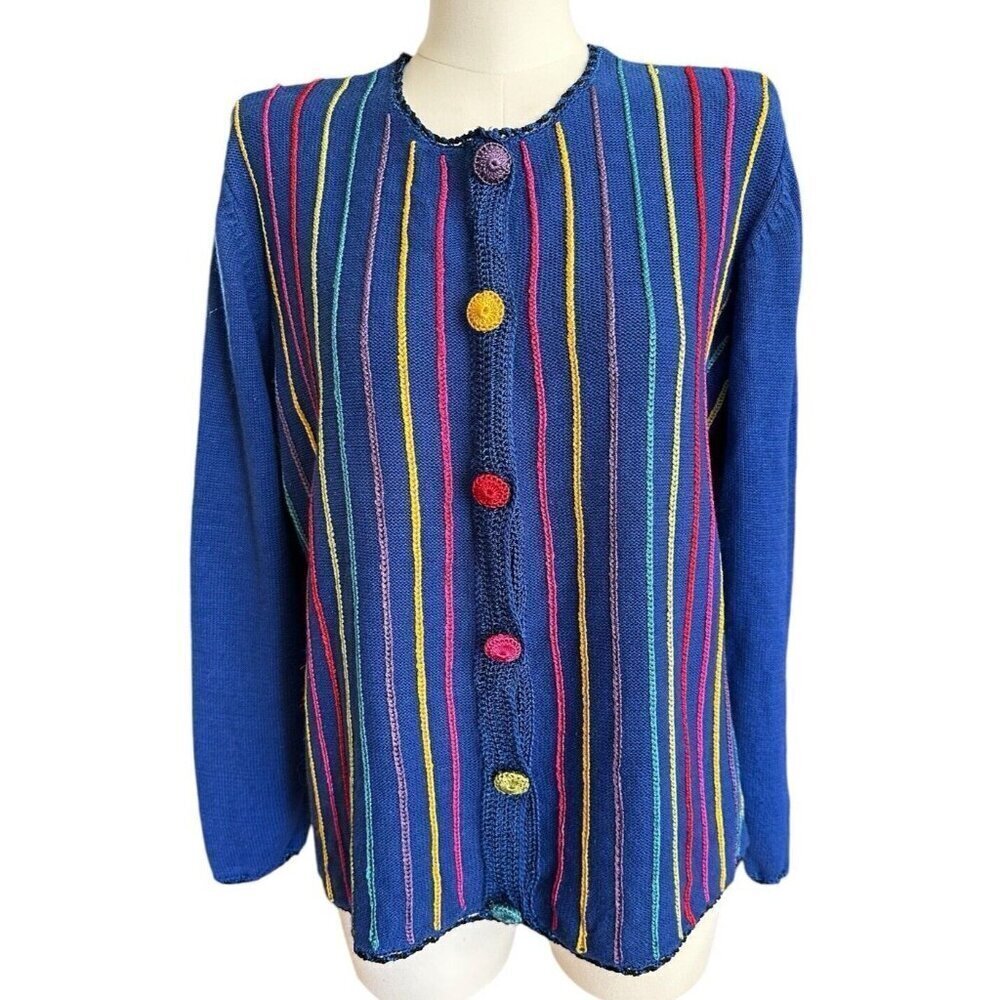 Bedford Fair Lifestyles Blue Striped Colorful Button Up Cardigan Women's Sz L
